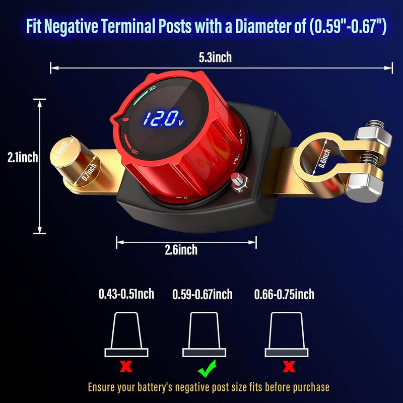 SUNMORN Battery Disconnect Switch, 12V Cut Off IP67 Waterproof Shut Off Switch, for Car, Truck, RV, Boat, Marine, Tractor, SUV, Off-Road, Prevent Battery Drain (Top Post with LED Voltmeter) - Image 4